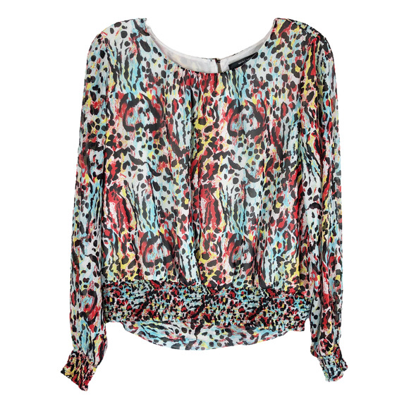 Marc New York Womens Medium‎ Top Animal print Smocked Banded Lined Blue Red 532 - Picture 1 of 7